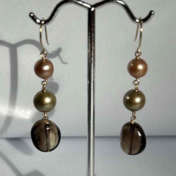 14K Yellow Gold Pearls Smoky Quartz Dangling Earrings - Picture 6 of 16